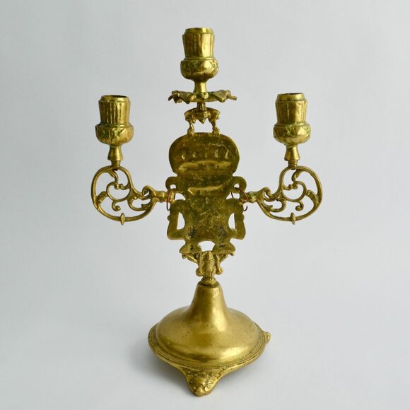 Vintage Brass Figural Candelabra 3-Arm Pre-Columbian Style Tribal Design Candle - Picture 9 of 14